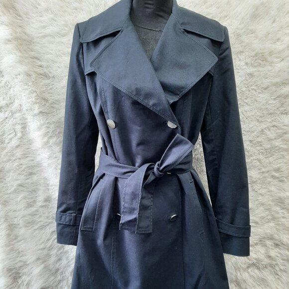 Tahari Women's Navy Blue Belted Midi Trench Coat Size M - Picture 1 of 11